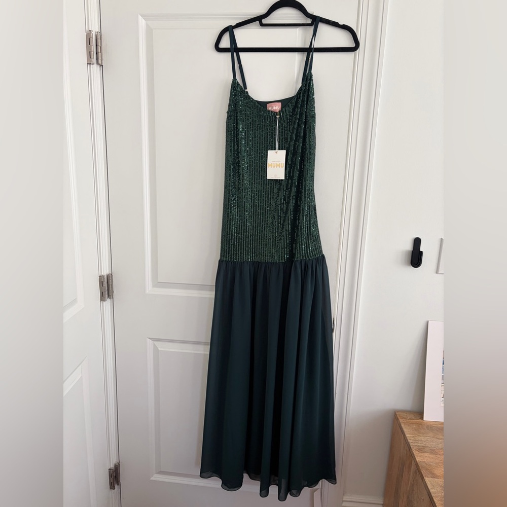 Green Sequin Spaghetti Strap Gown